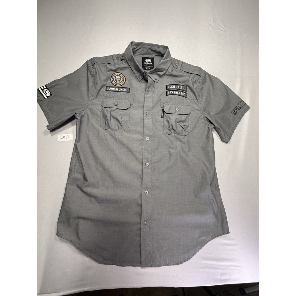 Ecko UnItd Rawthentic Shirt Mens L Gray Y2K Military Utility Patch Button Up